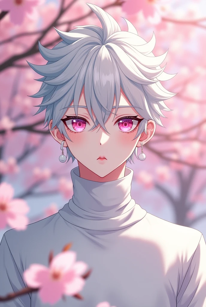 anime character, White hair, spiky hair, Pale skin, pink eyes, Long white eyelashes, male, curvy, white small earrings, big glossy lips, cherry blossom trees, grey eyebrows, white sweater,
