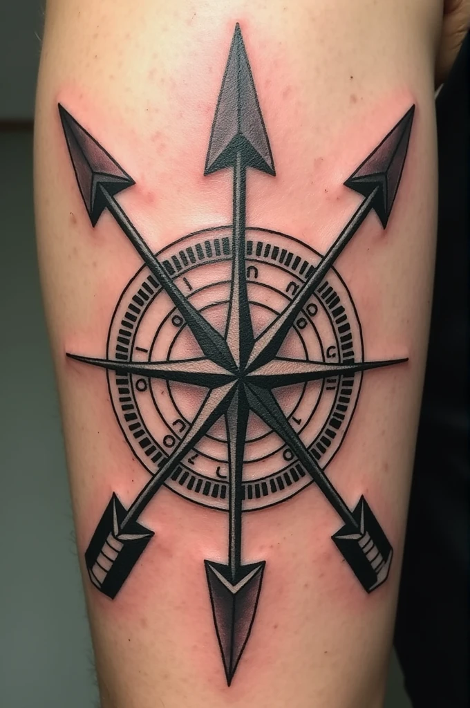 Tattoo of 2 crossed arrows, one with a compass and the other with a pocket watch and realistic trails