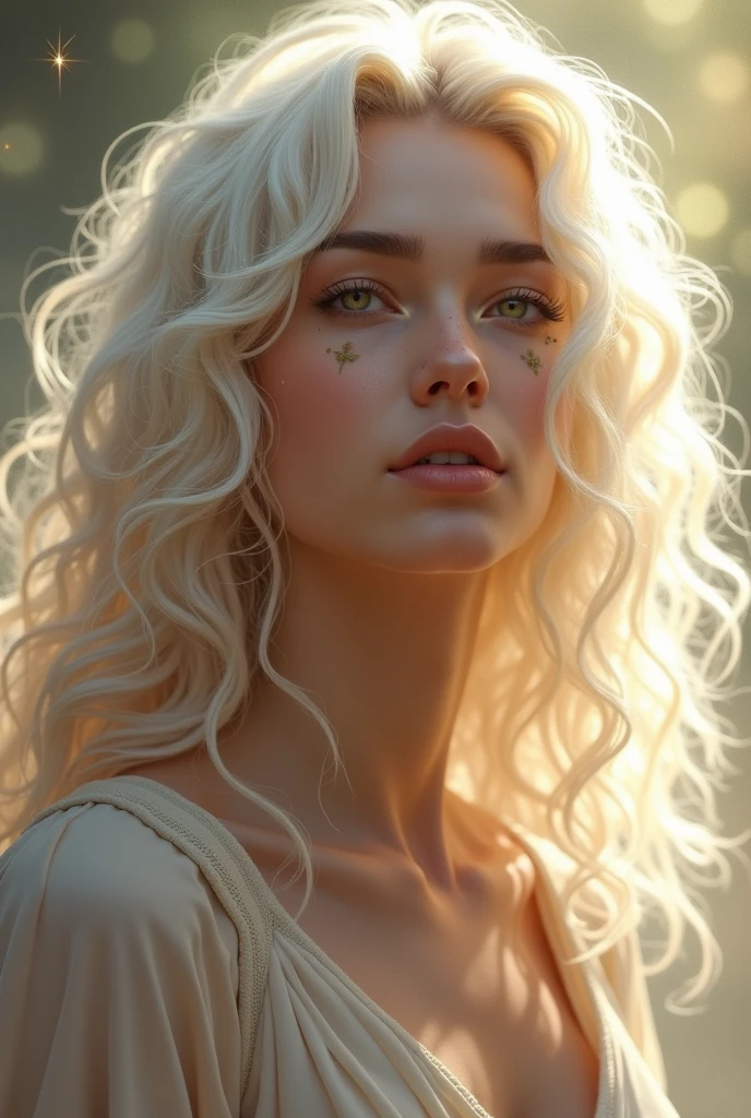 Create a portrait of Gabriels, an androgynous and ethereal figure. He has long, platinum curly hair that cascades gracefully. His toned body and silky smooth skin enhance his divine, otherworldly beauty. Gabriels’ striking gold eyes are both captivating and intense. A beauty mark is placed on the right side, just below his lip. His appearance combines traditionally feminine features with a regal, commanding presence, conveying both majesty and grace. The background should be celestial or divine to highlight his celestial nature.