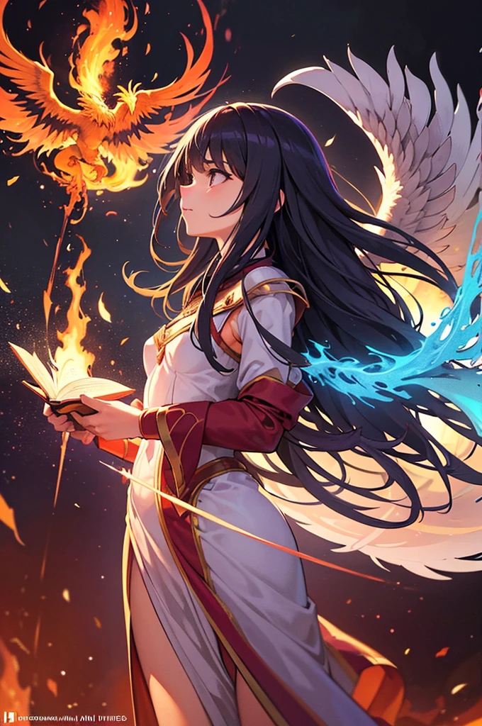 A split-screen composition featuring two mystical objects. On the left, an spear wrapped in swirling flames, the fire dancing along its shaft and blade. On the right, an old tome surrounded by a majestic fire phoenix, its wings spread wide and tail feathers trailing fire. Both objects float against a dark background, emphasizing their magical aura. The spear radiates power and strength, while the book exudes wisdom and knowledge. Highly detailed artwork with a focus on the intricate designs of the spear and the book's cover. The flames and the phoenix should have a ethereal, almost translucent quality. Use a rich color palette dominated by warm tones of red, orange, and gold, contrasting with cooler blues and purples in the background. Maintain realistic proportions and avoid distortions.