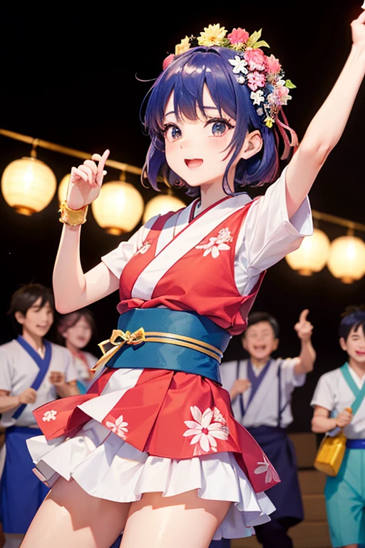 (Japan Bon Odori,最高masterpiece,Highest quality), Hot August,Bright vibrant anime art,People of all ages and genders dance and dance, Let&#39;s dance in yukata,Laughing and dancing, Showing white teeth,Men and women dance in a circle, masterpiece,Highest quality,High resolution,