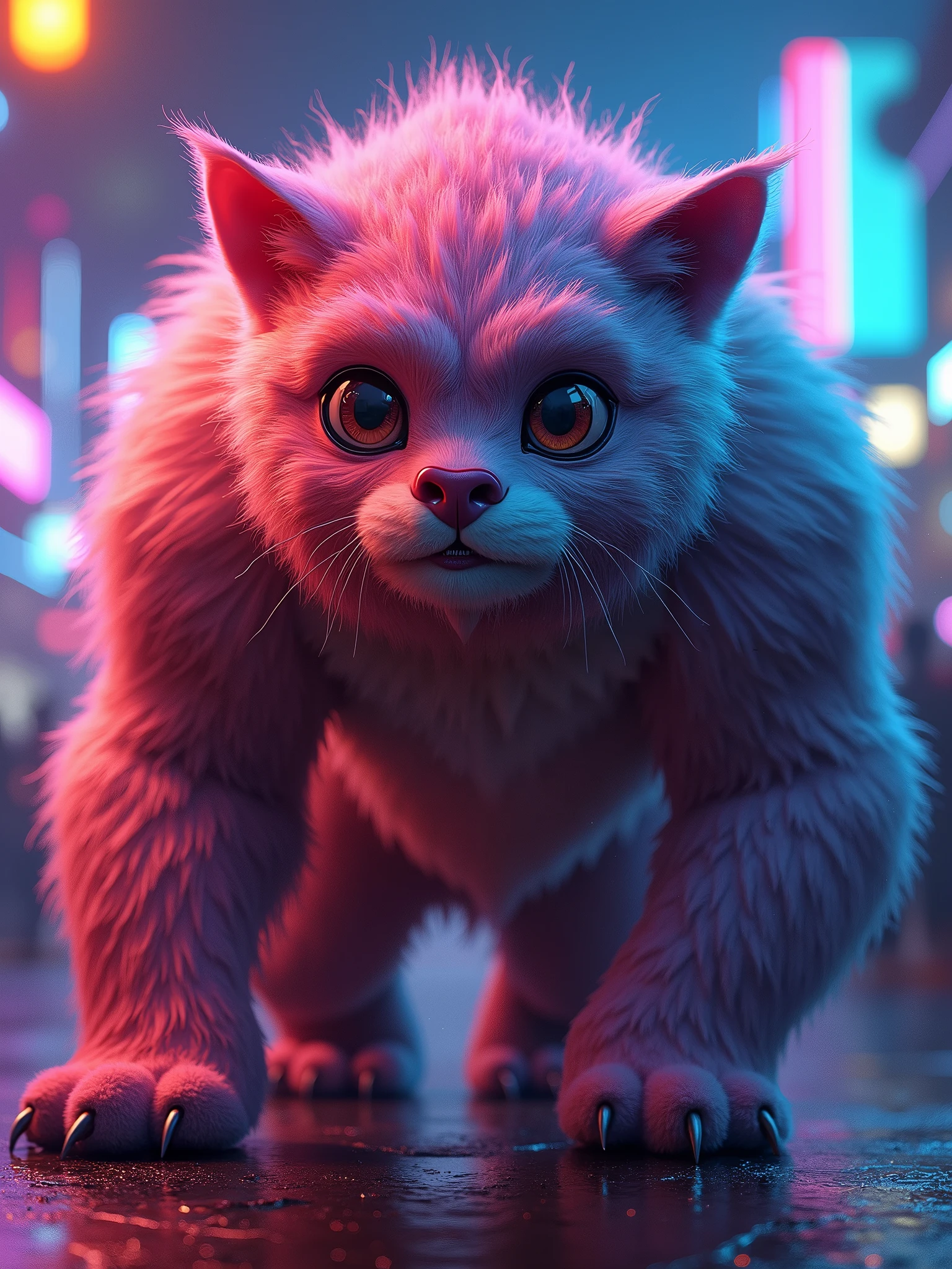 A FURRY BEAST WITH BIG EYES, IN NEON STYLE