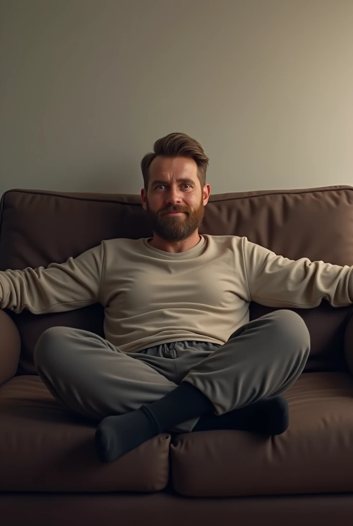 average middle aged Finnish man, sitting on a dark brown couch, open thighs, spread out arms in a relaxed position on the backrest, slightly embarrassed soft smile, short brown hair with Turkish style haircut, short chinstrap beard, wearing sweatpants and a sweatshirt with black socks