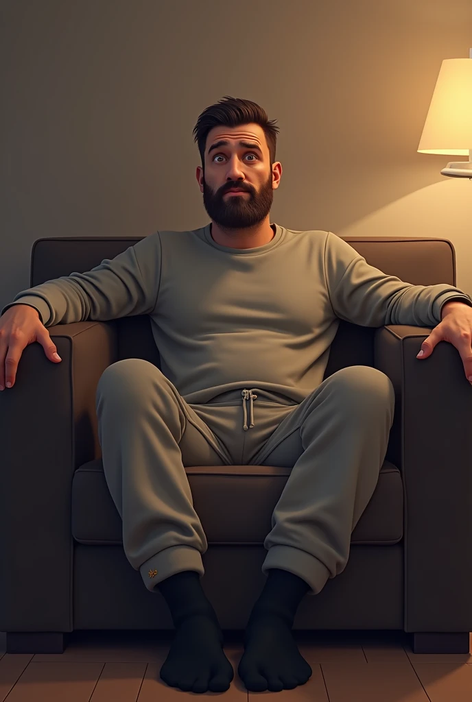 average middle aged Finnish man, sitting on a dark brown couch, open thighs, spread out arms in a relaxed position on the backrest, slightly embarrassed soft smile, short brown hair with Turkish style haircut, short chinstrap beard, wearing sweatpants and a sweatshirt with black socks