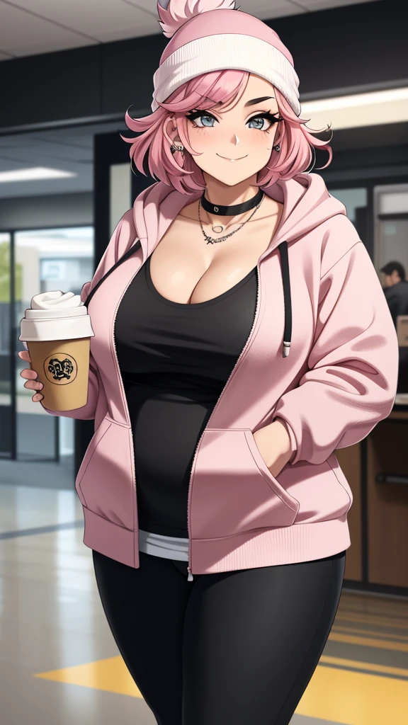 1 girl, tall chubby woman. In a university. Short messy pink hair. Wearing a beanie. Wearing a cozy plaid hoodie, cleavage. Wearing leggings. Carrying a coffee. Many piercings and tattoos. Eyeliner, baggy eyes. Mature, tall. Smirking, happy. 