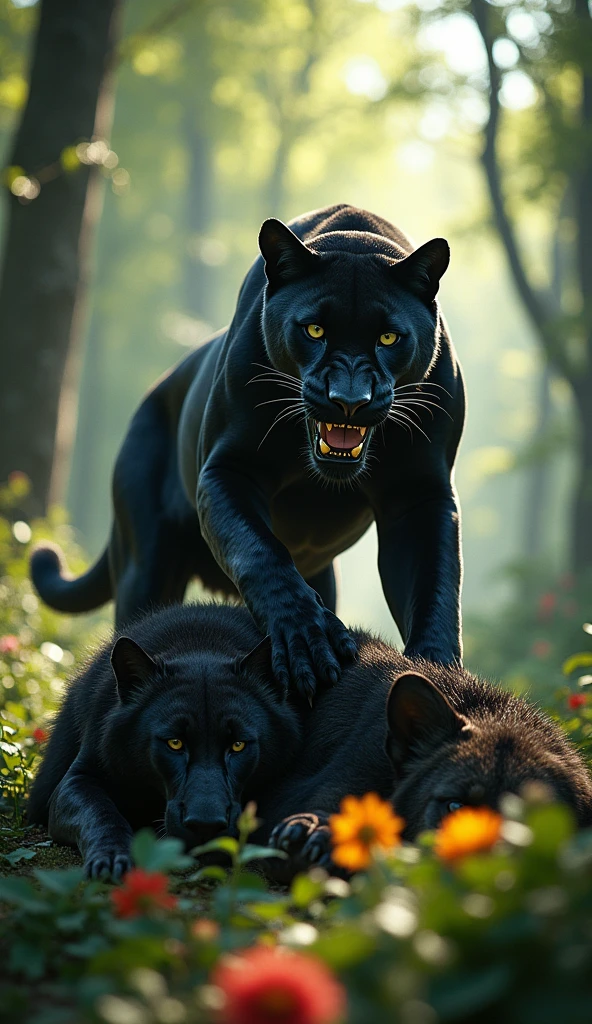 A fierce black panther, its sleek fur gleaming in the dappled sunlight, stands victorious over a dead wolf in a dense spring jungle. The panther, with one paw firmly placed on the lifeless body of the wolf, roars mightily, baring its sharp teeth. The jungle around them is lush with vibrant green foliage, tall trees, and colorful flowers in bloom. Sunlight filters through the canopy, casting light and shadows across the scene, adding to the intense atmosphere. The panther's eyes are locked forward, exuding dominance and strength in this primal display of power.