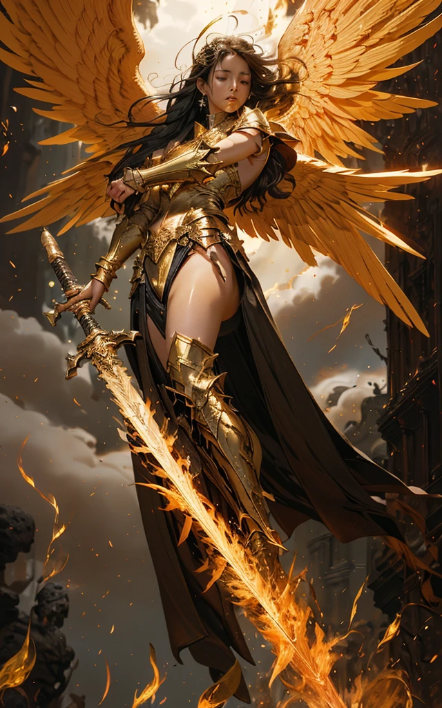angel,Super powerful flame angel flies out of the clouds, behind him is golden meteor magic surrounding his body, Gothic style, gorgeous golden armor, huge flame great sword, rich background, sword art background, film shooting, depth of field, Super visual, Super visual ,
(exposed shouldersbare shoulders:1.1)Flamboyant armourAngel wings. Huge angel wings
