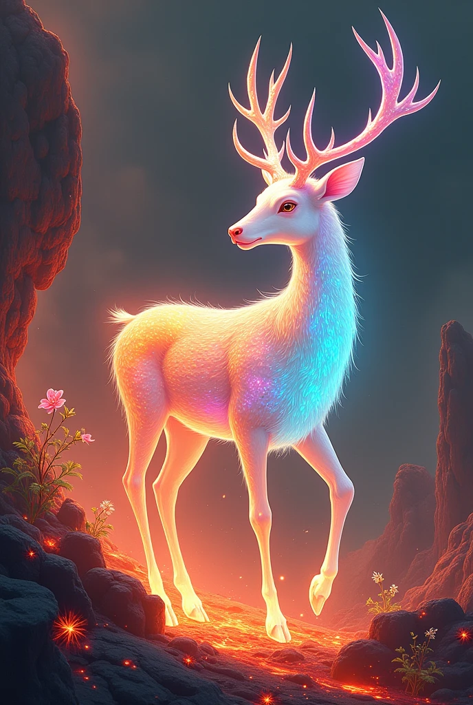 Wonderful idea, Chinese painting ((ink wash style)), a sacred seven color fairy deer ((emitting aurora colored light all over its body)),walking on the magma of volcanic eruptions, with flowers and plants growing inside the magma
