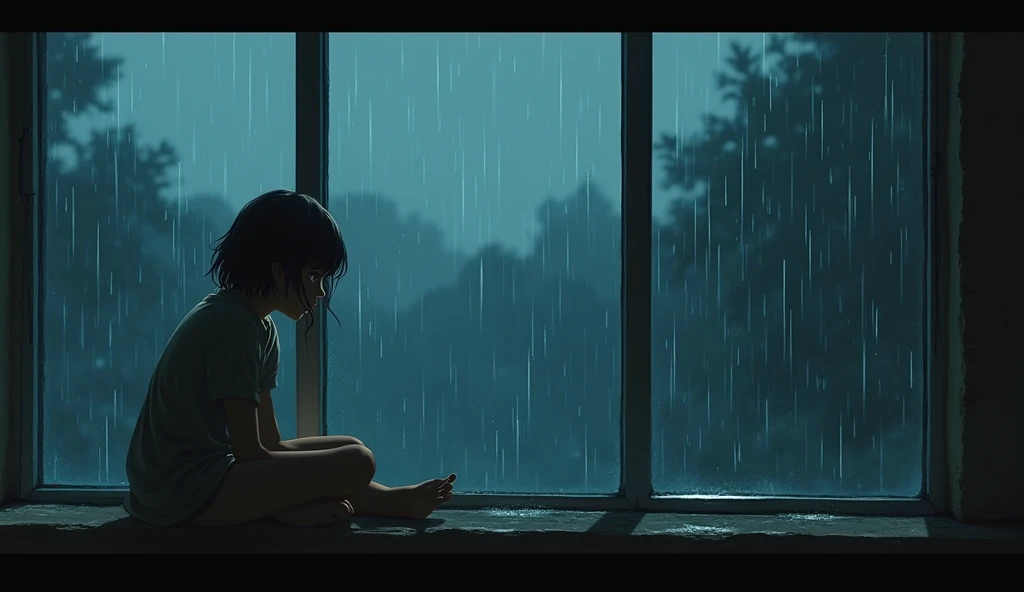 A girl is sitting near a glass window and crying. The girl is in a lot of trouble, so she is crying a lot. The girl is sitting so that her whole body is visible. The girl is more than 1. The image will be enemy related. It's raining outside so it can be seen and there are raindrops on the window glass. The sky is night outside. The whole background will only be in the glass window because the window is too big. The girl will be seen well because there will be lots of lights in the room and the light will be reflected from those lights and the girl will be seen clearly. The picture is cinematic.