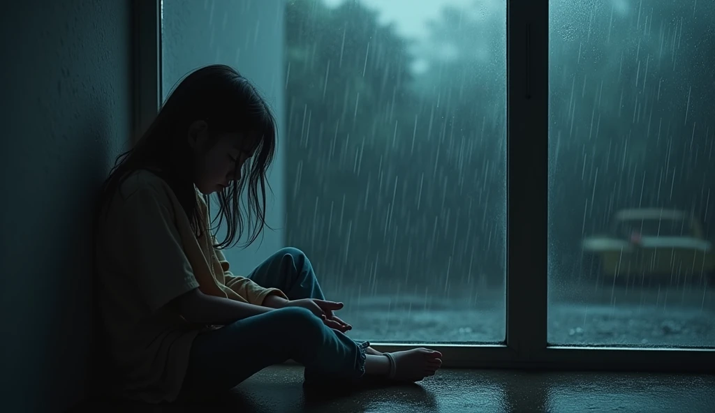 A girl is sitting near a glass window and crying. The girl is in a lot of trouble, so she is crying a lot. The girl is sitting so that her whole body is visible. The girl is more than 1. The image will be enemy related. It's raining outside so it can be seen and there are raindrops on the window glass. The sky is night outside. The whole background will only be in the glass window because the window is too big. The girl will be seen well because there will be lots of lights in the room and the light will be reflected from those lights and the girl will be seen clearly. The picture is cinematic.