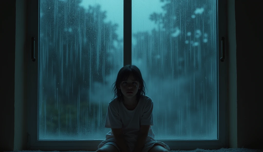 A girl is sitting near a glass window and crying. The girl is in a lot of trouble, so she is crying a lot. The girl is sitting so that her whole body is visible. The girl is more than 1. The image will be enemy related. It's raining outside so it can be seen and there are raindrops on the window glass. The sky is night outside. The whole background will only be in the glass window because the window is too big. The girl will be seen well because there will be lots of lights in the room and the light will be reflected from those lights and the girl will be seen clearly. The picture is cinematic.