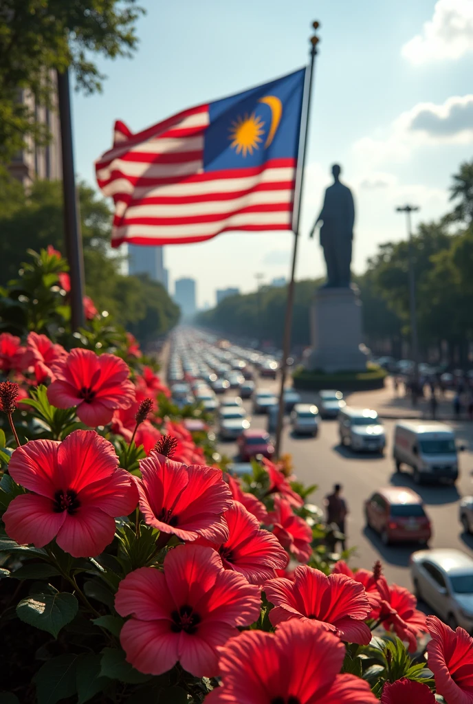 A photography of non colouring empty colours a Malaysia city centre with Malaysia flag. The background is hibiscus flora decoration with independent statue