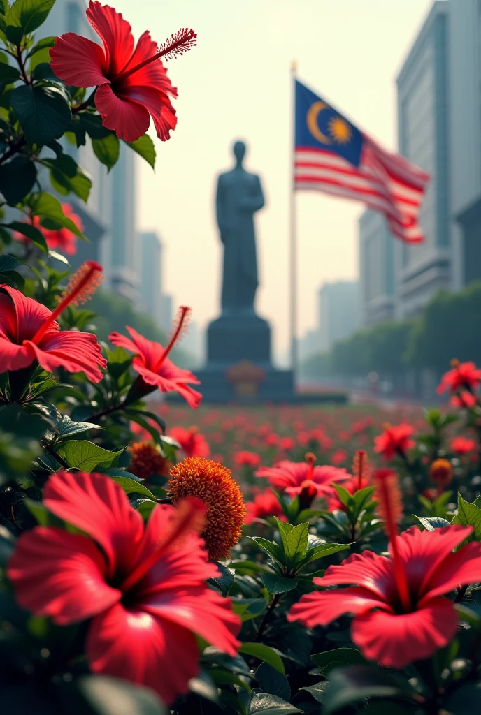A photography of non colouring empty colours a Malaysia city centre with Malaysia flag. The background is hibiscus flora decoration with independent statue