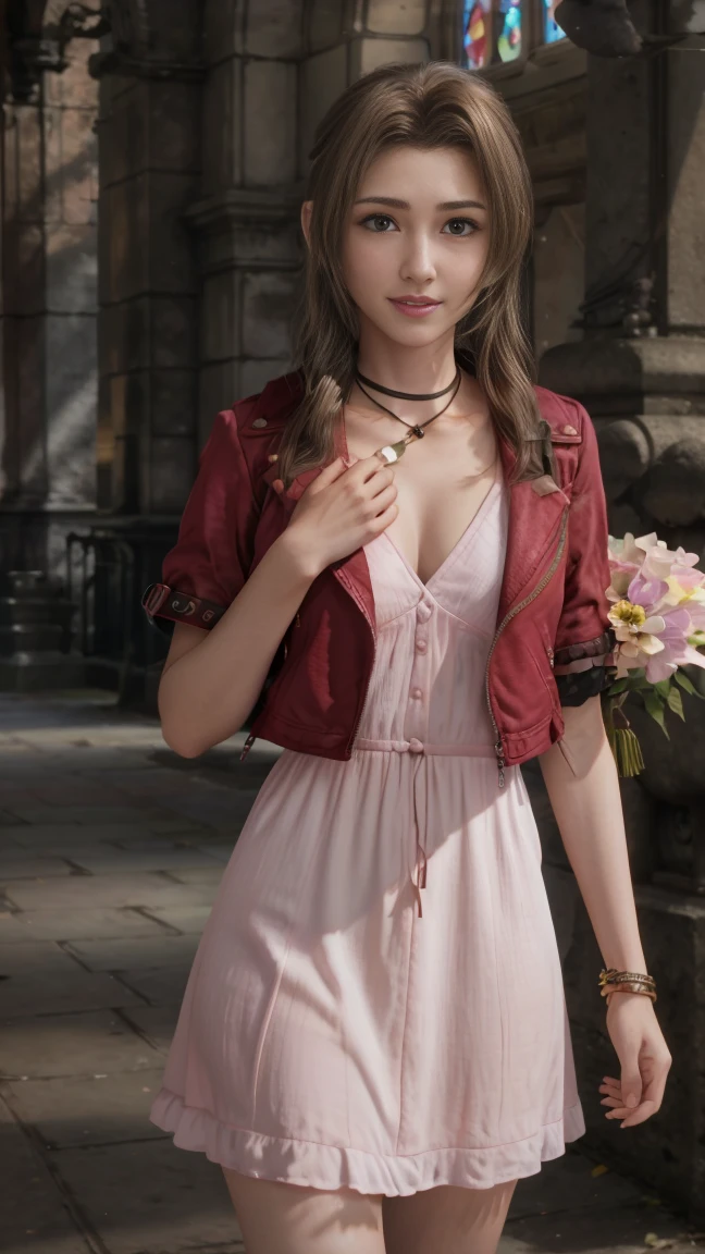 Realistic, Realism, photoRealism,(Live-action adaptation photo images), High Contrast, (Girl selling flowers), (8k high definition detailed Realistic), (highest quality), masterpiece:1.2), (Live-action adaptation), Photon Mapping, Radio City, Physically Based Rendering, highest quality, Very detailed,One Girl, with a bouquet in hand, Green Eyes,(church garden), (Red jacket), (Pink short dress), Cowboy Shot, sensuous, Full body image, , Full Body Shot,A smile showing white teeth,
