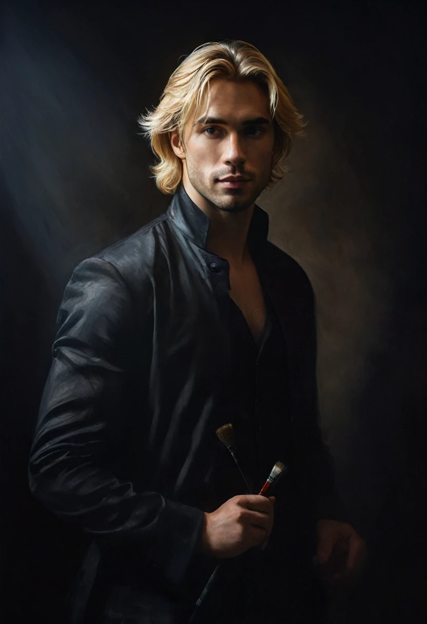 painting of a handsome man, blond, 3, portrait from the waist up, dressed, dark atmosphere, cinematic scene, volumetric lights, ultra realistic, in the style of nicola samori