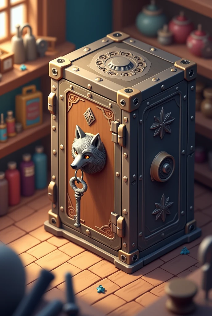 Shopkeeper locker safe with wolf shape key in it isometric view 
