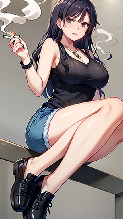 Highest quality,high resolution,２d,(Cel animation style),One woman,30 year old Asian female,(Straight long black hair),((Black tank top)),((Denim shorts)),((1 with a pistol in each hand.3)),(Skull Necklace),Black sneakers,(Beautiful face with slits 1.3)，Black wristband on left wrist,Beautiful Style,Glamorous Body,(Large Breasts),(((Holding a cigarette)))