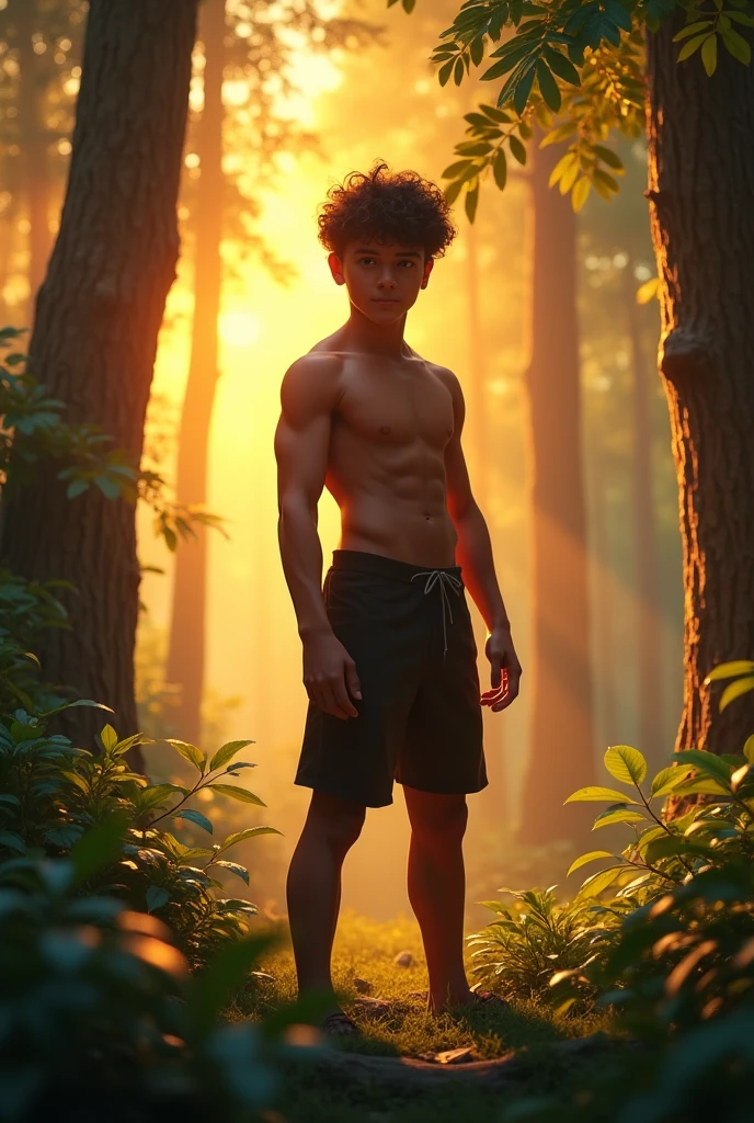 A 1 boy named vikram standing with a muscular body in a forest in sunset


