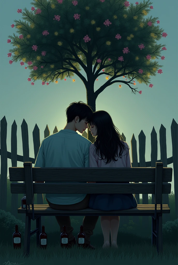 Create a image in a scene where I guy and a girl both are there keeping their heads on other each other while sitting on a bench with a tree at the back which is coming out of fence and a straight line at the top and trees should have a dark green leaves with yellow pink flower lonely atmosphere and dark evening or a night scene with alcohol bottles
