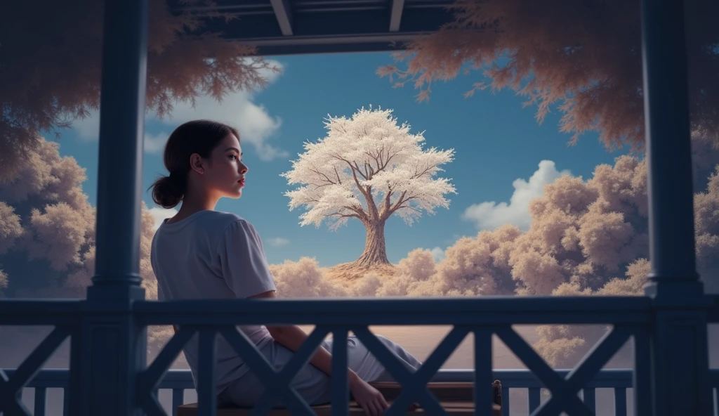 a girl sitting on balcony looking at white tree,beautiful detailed eyes,beautiful detailed lips,extremely detailed eyes and face,longeyelashes,high quality,photorealistic,professional,vibrant colors,dramatic lighting,cinematic composition,intricate details,elegant style,serene atmosphere