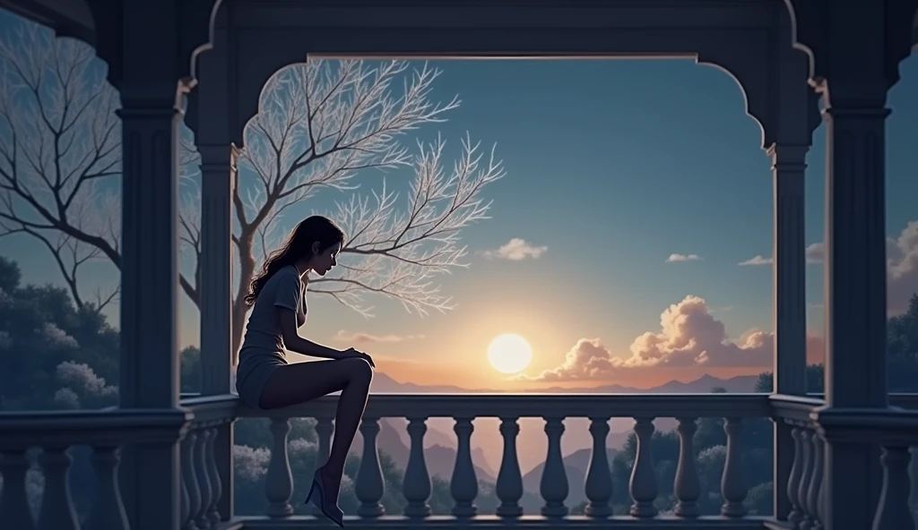 a girl sitting on balcony looking at white tree,beautiful detailed eyes,beautiful detailed lips,extremely detailed eyes and face,longeyelashes,high quality,photorealistic,professional,vibrant colors,dramatic lighting,cinematic composition,intricate details,elegant style,serene atmosphere
