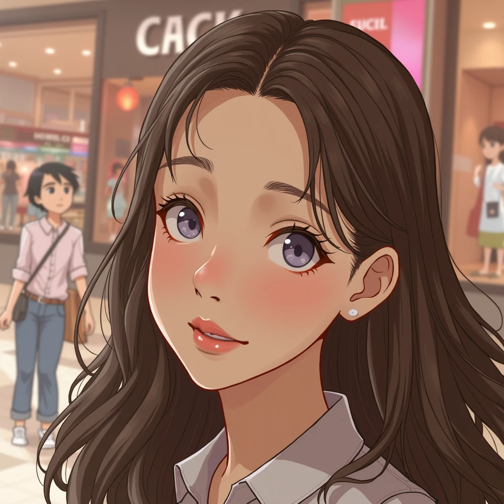 A girl in shopping mall, wearing trouser shirt