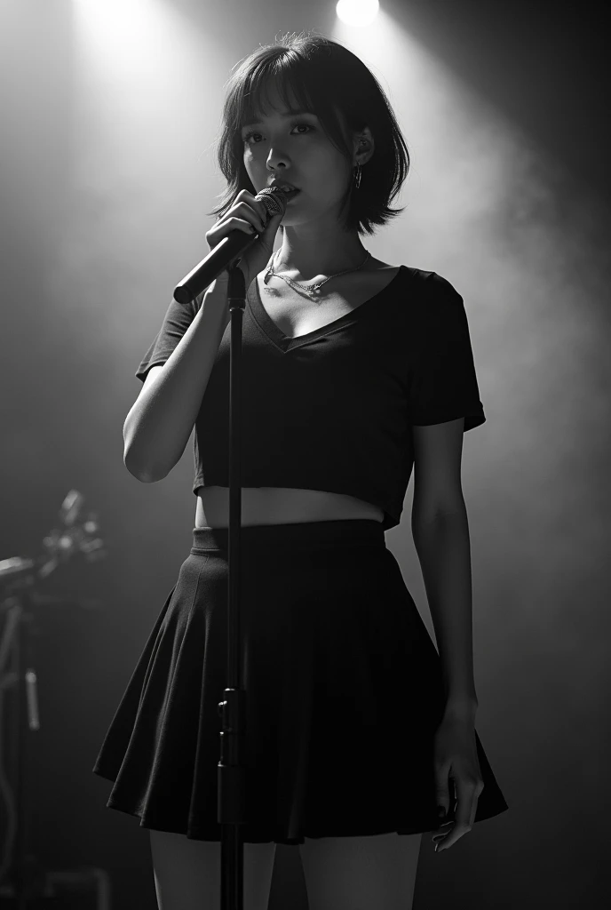 A cleavage big enough to hold a penis、Sexy Japanese Women、Yui Aragaki、Female vocalist with short bob hair、Wearing a T-shirt、Skirt flip、Solo artist、live house、Lots of stage smoke、Black and white photography、Thick eyelashes、Extensions、Smoking、Holding a microphone on stage