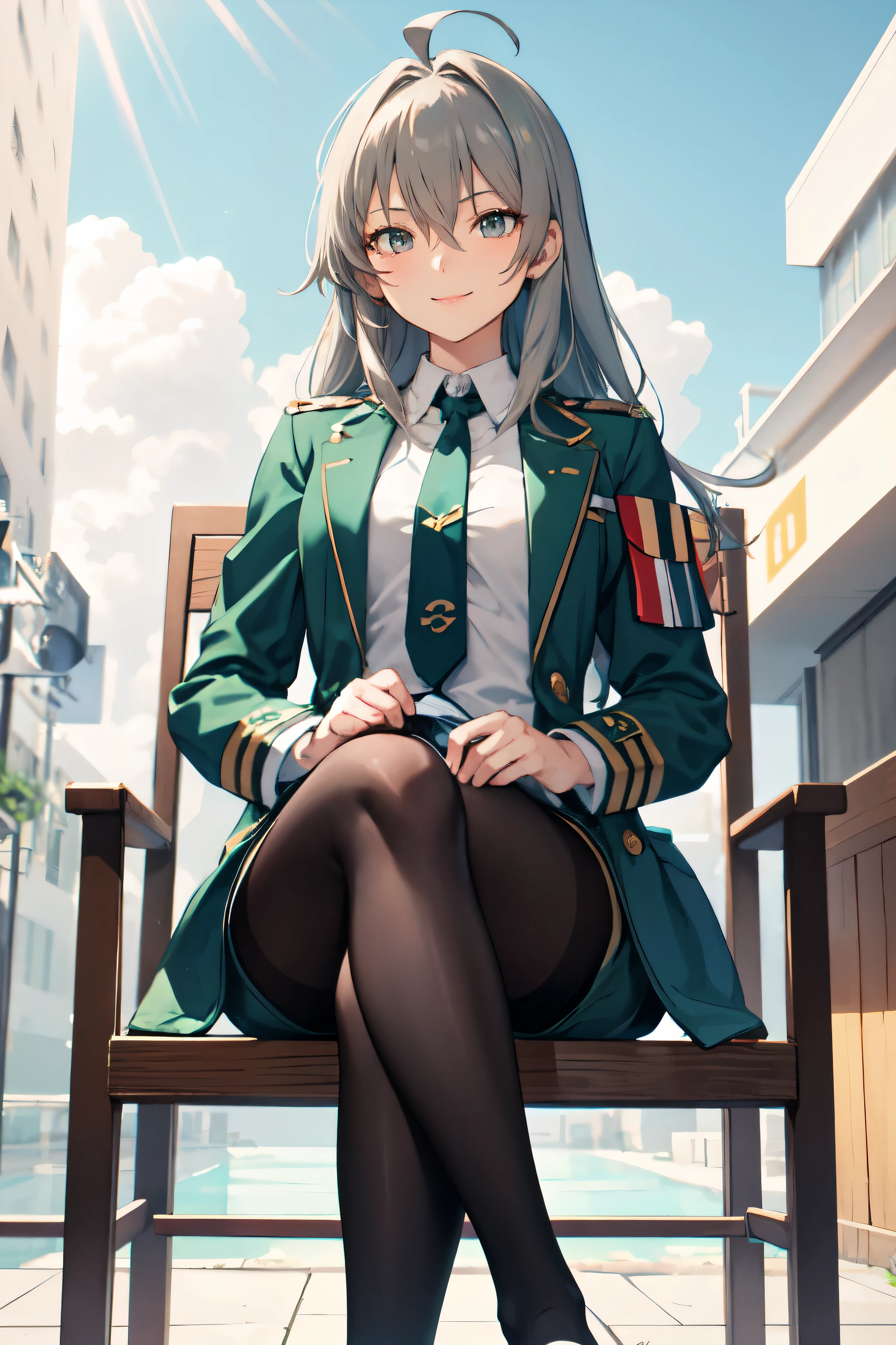 masterpiece, Highest quality, High resolution, Urine 1, One person, Myolin Remblanc, Astichia's uniform, alone, Long Hair, Grey Eyes, Grey Hair, Ahoge, Seamed legwear, Green shorts, tie, bangs, Hair between the eyes, Black Pantyhose, Long sleeve, Green jacket, Floating Hair, red tie, Outdoor, Chair, Sitting, Crossing your legs, smile, (Gundam:1.2),