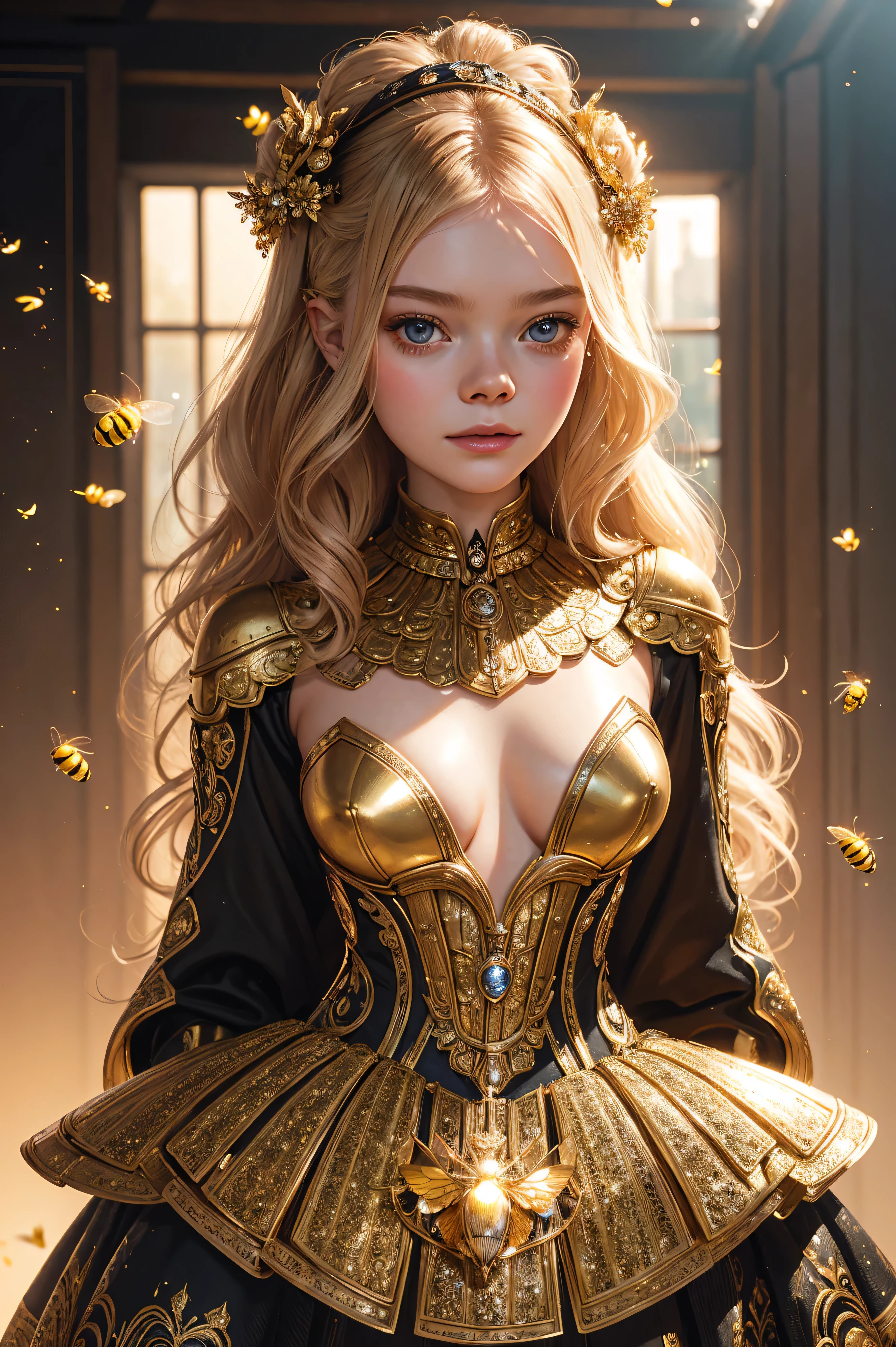portrait Elle Fanning, wearing sexy bee outfit, against the background of a beehive, 2 0 3 0 s, curly hair, intricate, elegant, highly detailed, digital painting, artstation, concept art, smooth, sharp focus, illustration, art by thomas kindkade, charlie bowater, artgerm, greg rutkowski, alphonse mucha and alexandra fomina, 36k, glittering, shining
