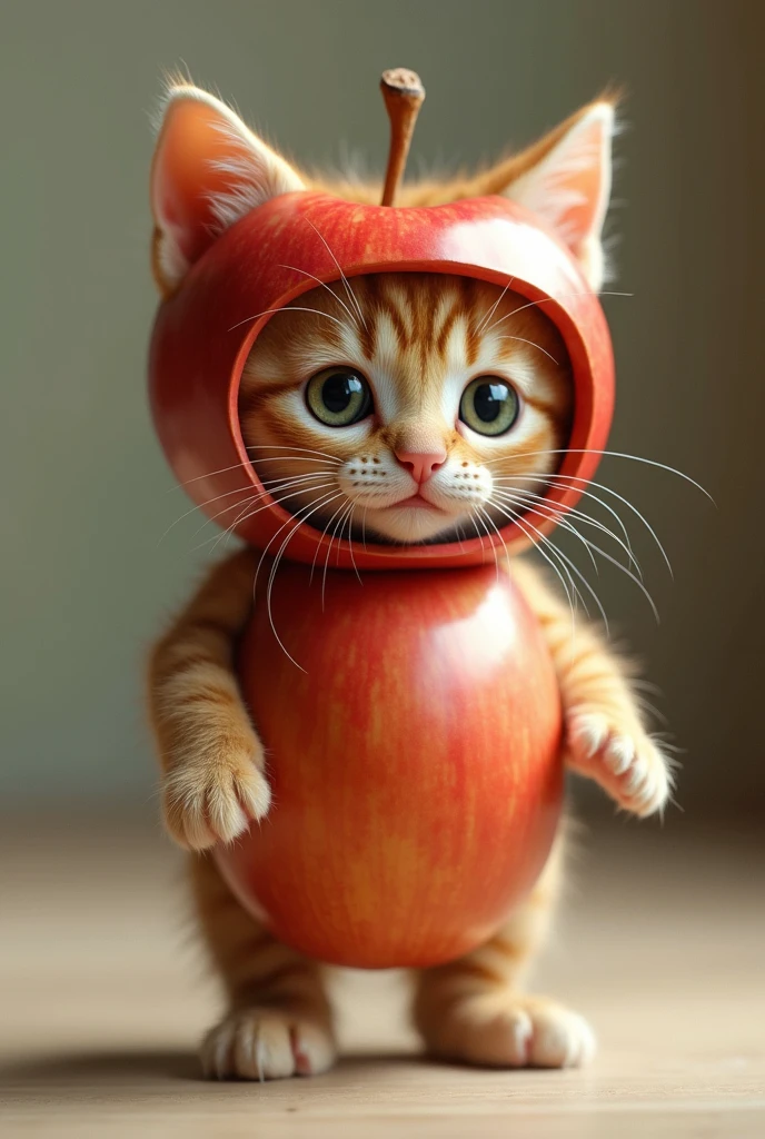 A highly realistic anthropomorphic kitten standing and facing forward. The kitten has an extremely cute face, with its head, hands, and feet being that of a kitten. The kitten's torso is an apple, and it is wearing an apple-shaped helmet. The overall appearance is very lifelike, blending the features of the kitten with the apple seamlessly