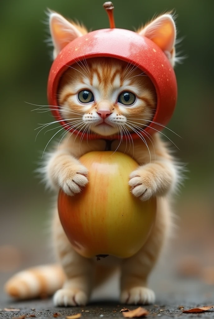 A highly realistic anthropomorphic kitten standing and facing forward. The kitten has an extremely cute face, with its head, hands, and feet being that of a kitten. The kitten's torso is an apple, and it is wearing an apple-shaped helmet. The overall appearance is very lifelike, blending the features of the kitten with the apple seamlessly