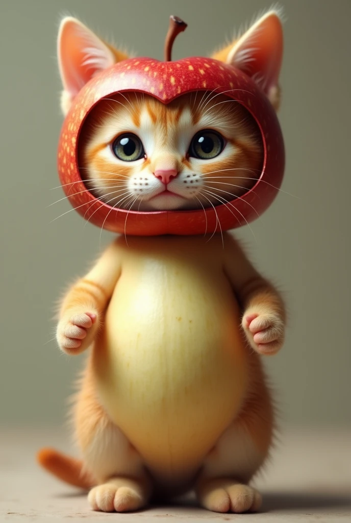 A highly realistic anthropomorphic kitten standing and facing forward. The kitten has an extremely cute face, with its head, hands, and feet being that of a kitten. The kitten's torso is an apple, and it is wearing an apple-shaped helmet. The overall appearance is very lifelike, blending the features of the kitten with the apple seamlessly
