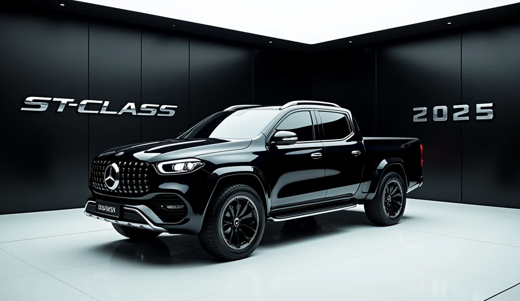 A stunning, futuristic pickup truck(Benz x class pickup truck 2025 ) takes center stage in a luxury white showroom. The vibrant (black) exterior gleams, drawing attention to its sleek, aerodynamic design and bold accents. The pick up truck( Mercedes Benz S-Class pickup truck 2025) " is prominently displayed in large, metallic letters on the pick up truck, set against a dark wall. The ( front left right) view showcases the cutting-edge innovation and technology of its time, inviting potential buyers to experience the future of automotive design and performance. This awe-inspiring image promises an unparalleled driving experience.