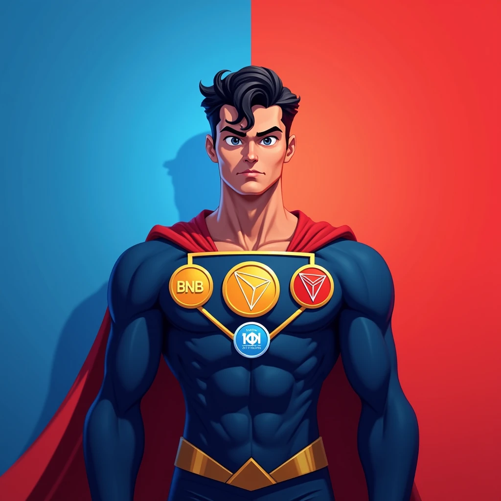 The image shows a superhero character standing confidently against a background split between blue on the left side and red on the right side, creating a strong visual contrast. The character's suit mirrors this color scheme, with the left half of the suit in blue and the right half in red.
The character has short, wavy black hair and a determined expression, with wide eyes and a slightly furrowed brow. The suit features a triangular chest emblem, which prominently displays three cryptocurrency logos:
1. **Binance (BNB) Logo**: In yellow, located at the top left of the triangle.
2. **Tron (TRX) Logo**: In red, located at the top right of the triangle.
3. **TON (The Open Network) Logo**: In blue, located at the bottom center of the triangle.
The emblem is outlined in gold, adding a bright accent to the design. The superhero's cape follows the same split color pattern, with the left side blue and the right side red. The overall design is clean and stylized, with a strong emphasis on the dual color theme and the integration of the cryptocurrency logos on the chest emblem.