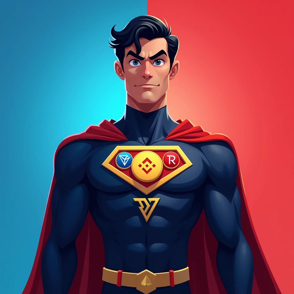The image shows a superhero character standing confidently against a background split between blue on the left side and red on the right side, creating a strong visual contrast. The character's suit mirrors this color scheme, with the left half of the suit in blue and the right half in red. 

The character has short, wavy black hair and a determined expression, with wide eyes and a slightly furrowed brow. The suit features a triangular chest emblem, which prominently displays three cryptocurrency logos:

1. **Binance (BNB) Logo**: In yellow, located at the top left of the triangle.
2. **Tron (TRX) Logo**: In red, located at the top right of the triangle.
3. **TON (The Open Network) Logo**: In blue, located at the bottom center of the triangle.

The emblem is outlined in gold, adding a bright accent to the design. The superhero's cape follows the same split color pattern, with the left side blue and the right side red. The overall design is clean and stylized, with a strong emphasis on the dual color theme and the integration of the cryptocurrency logos on the chest emblem.