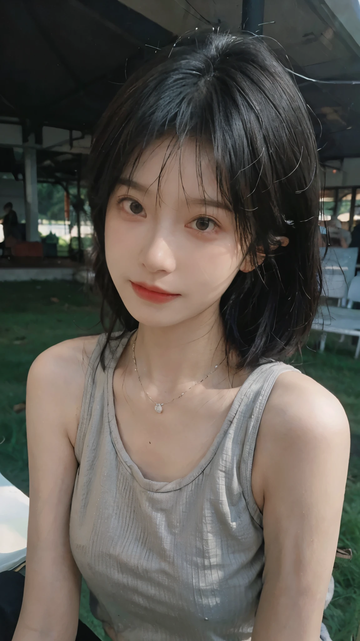 Best quality,Ultra-high resolution,short hair,Cute hairpins,(Reality:1.4),Cute hairpins,girll,Black cropped top,Look directly at the audience,Full of atmosphere,Beautiful woman with a slim figure:1.4,lawn,whole body,Super delicate face,Exquisite eyes,Double eyelids,necklace,Black wearing mask,