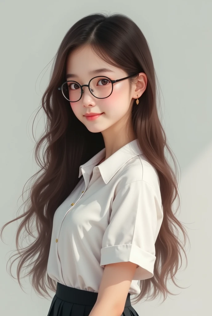A 1 girl with glasses, brown long hair, looks kind of Chinese, pretty and slim schoolgirl