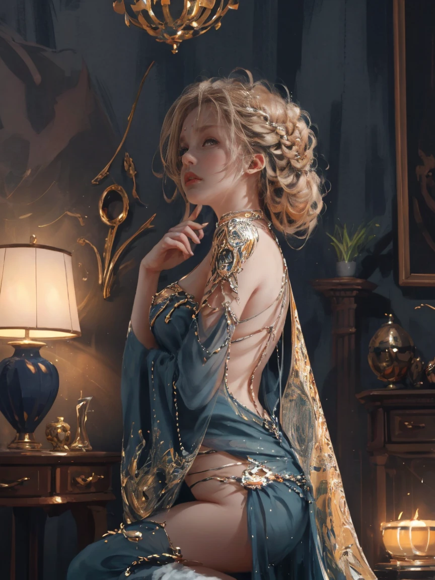 landscape, best quality, super fine, 16k, incredibly absurdres, extremely detailed, blonde beauty, amorous and lewd expression, half-updo with braids hair, sexy elegant long dress that shows off your breasts from the side, superlative body proportion, BREAK , background stained-glass gorgeous room made from sparkling finely crushed colorful gemstones