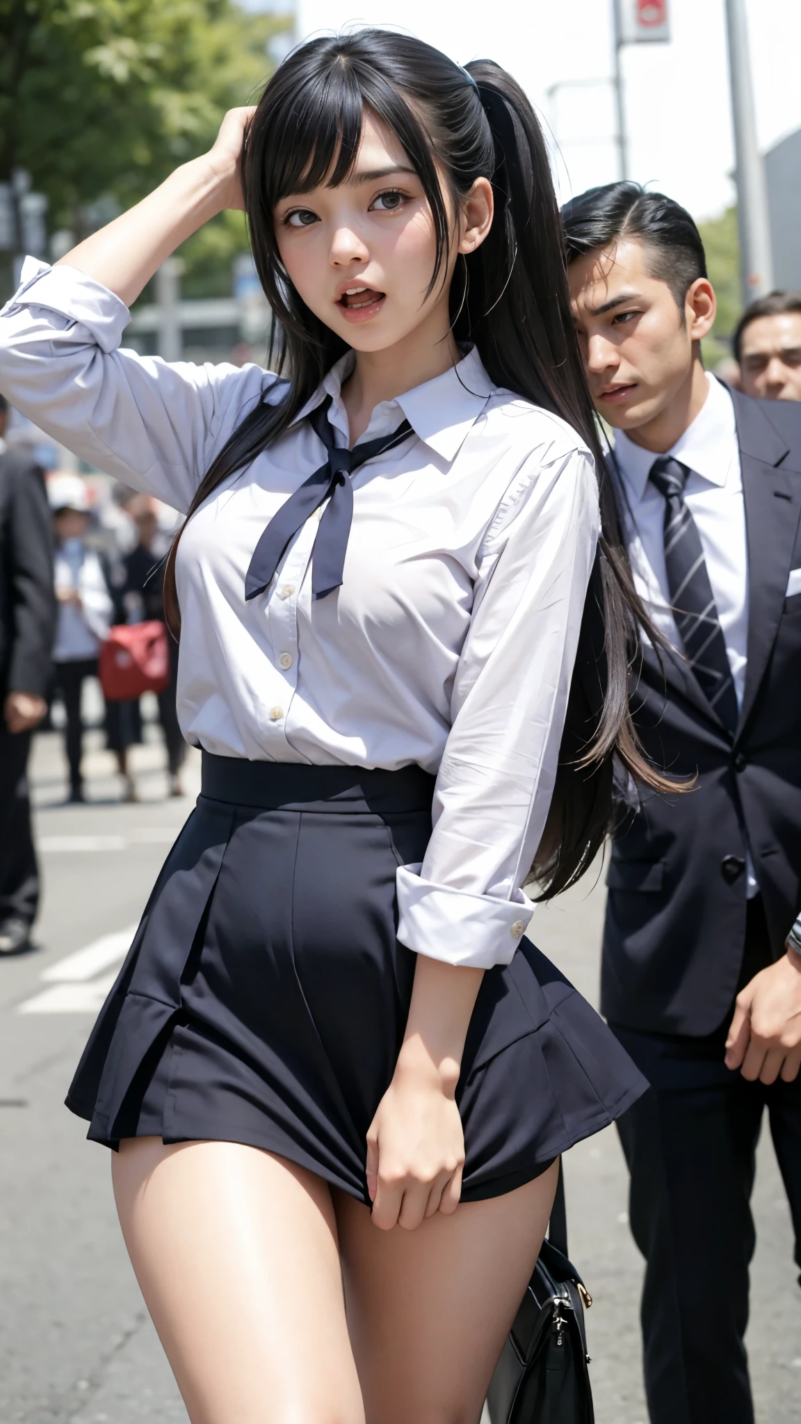 Innocent and beautiful high school girl and perverted men, molested by perverted men lying in wait, idol-like -faced beauty, running away in her underwear, being seen being molested in public and screaming with her mouth open in embarrassment, asking viewers for help, harassed by perverted men on the street, beautiful black hair, heightened sensitivity, beautiful eyes, ultra-high quality, looking down, leaning with weight on thighs, slender body, Japanese, anatomically correct