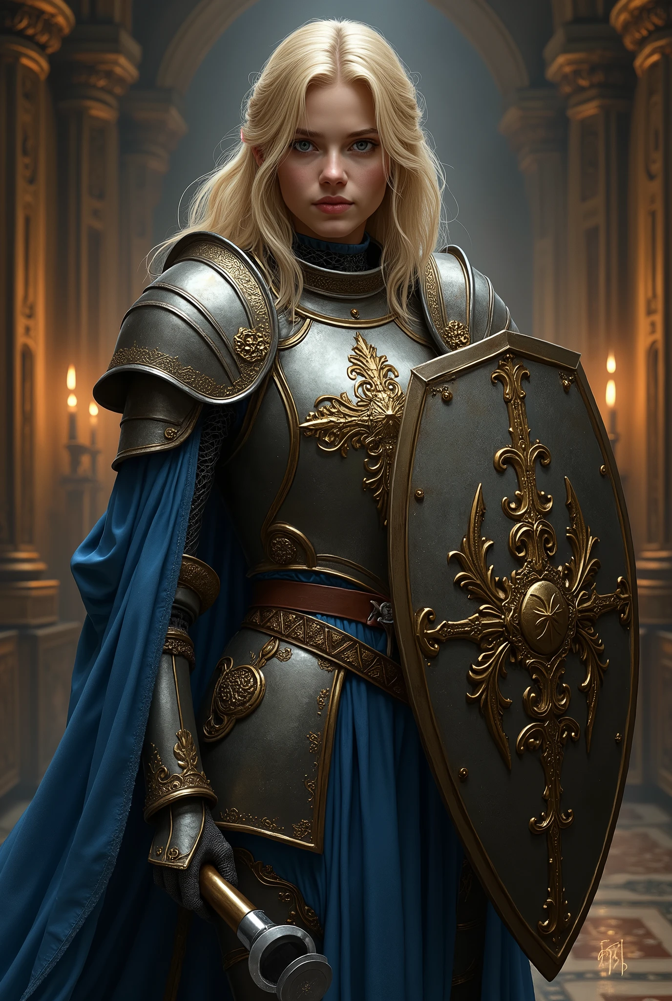 female, blonde, wielding mace and shield, wearing armor with blue cloth, cleric, portrait