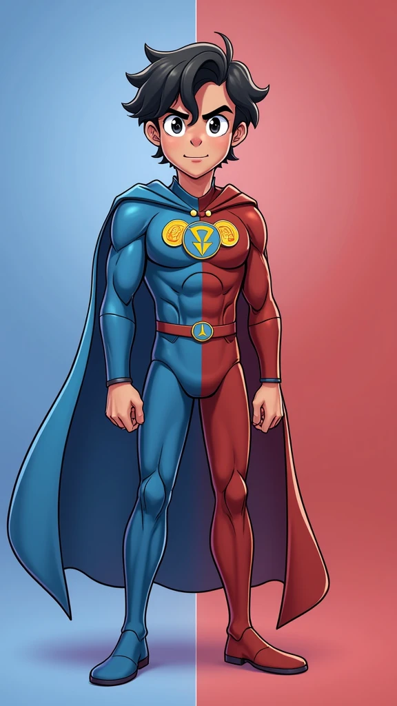 The image shows a superhero character standing confidently against a background split between blue on the left side and red on the right side, creating a strong visual contrast. The character's suit mirrors this color scheme, with the left half of the suit in blue and the right half in red.
The character has short, wavy black hair and a determined expression, with wide eyes and a slightly furrowed brow. The suit features a triangular chest emblem, which prominently displays three cryptocurrency logos:
1. **Binance (BNB) Logo**: In yellow, located at the top left of the triangle.
2. **Tron (TRX) Logo**: In red, located at the top right of the triangle.
3. **TON (The Open Network) Logo**: In blue, located at the bottom center of the triangle.
The emblem is outlined in gold, adding a bright accent to the design. The superhero's cape follows the same split color pattern, with the left side blue and the right side red. The overall design is clean and stylized, with a strong emphasis on the dual color theme and the integration of the cryptocurrency logos on the chest emblem.
