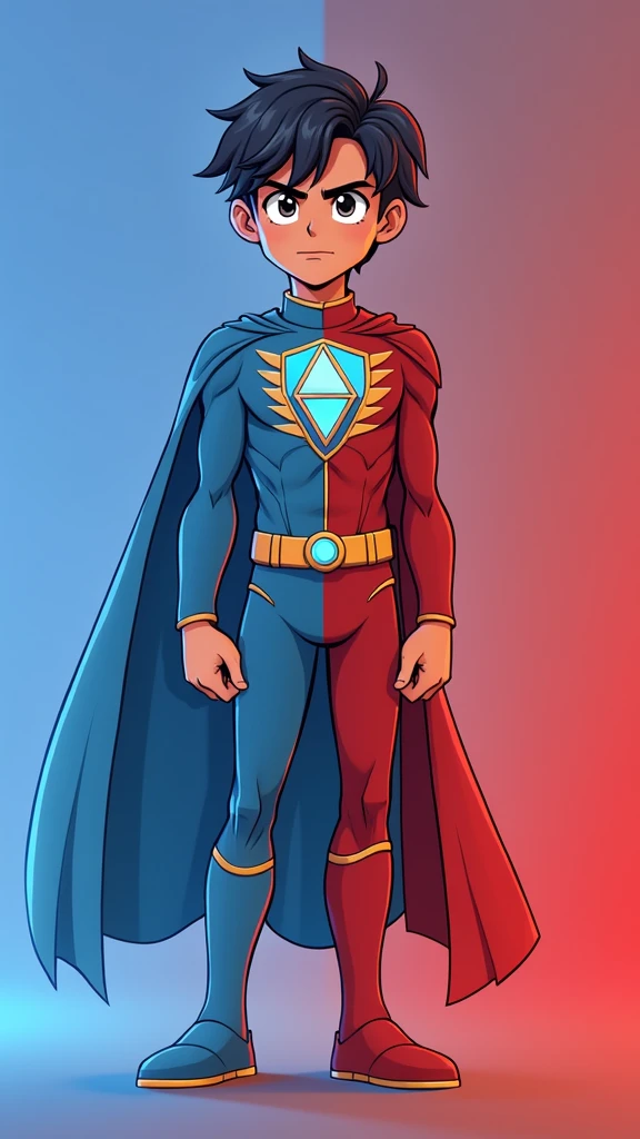 The image shows a superhero character standing confidently against a background split between blue on the left side and red on the right side, creating a strong visual contrast. The character's suit mirrors this color scheme, with the left half of the suit in blue and the right half in red.
The character has short, wavy black hair and a determined expression, with wide eyes and a slightly furrowed brow. The suit features a triangular chest emblem, which prominently displays three cryptocurrency logos:
1. **Binance (BNB) Logo**: In yellow, located at the top left of the triangle.
2. **Tron (TRX) Logo**: In red, located at the top right of the triangle.
3. **TON (The Open Network) Logo**: In blue, located at the bottom center of the triangle.
The emblem is outlined in gold, adding a bright accent to the design. The superhero's cape follows the same split color pattern, with the left side blue and the right side red. The overall design is clean and stylized, with a strong emphasis on the dual color theme and the integration of the cryptocurrency logos on the chest emblem.