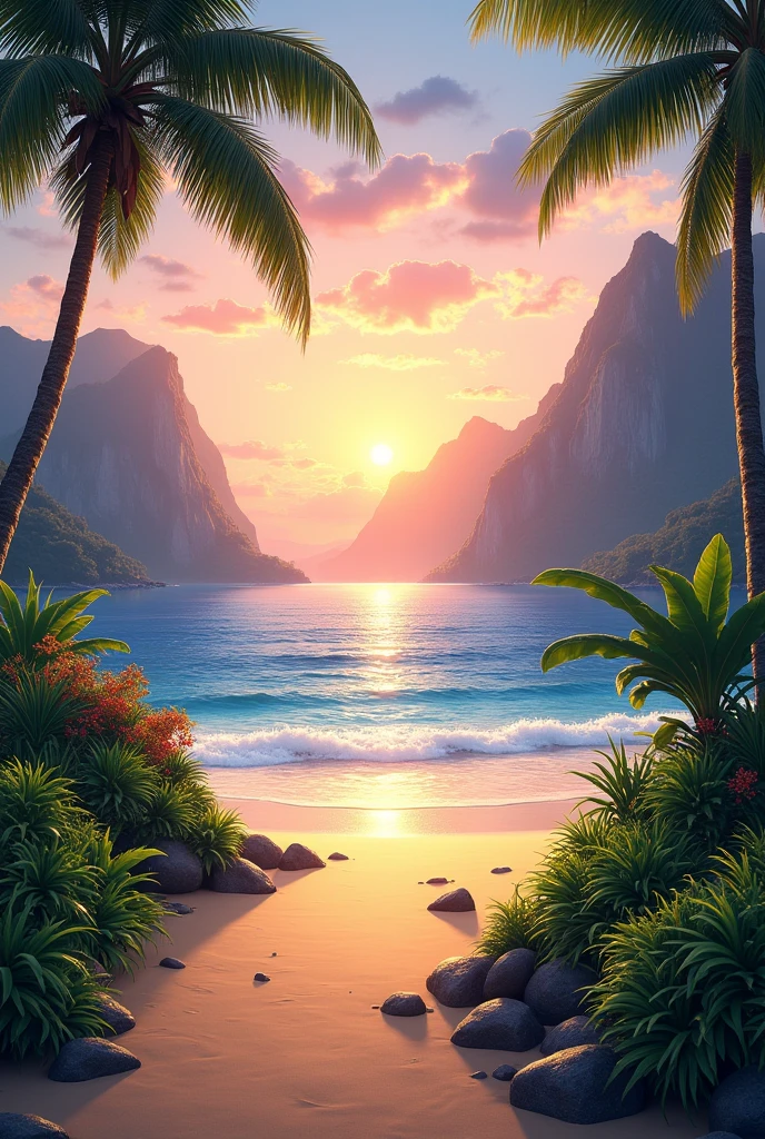 A sunset beach with some greenary and huge mountains and huge sea 