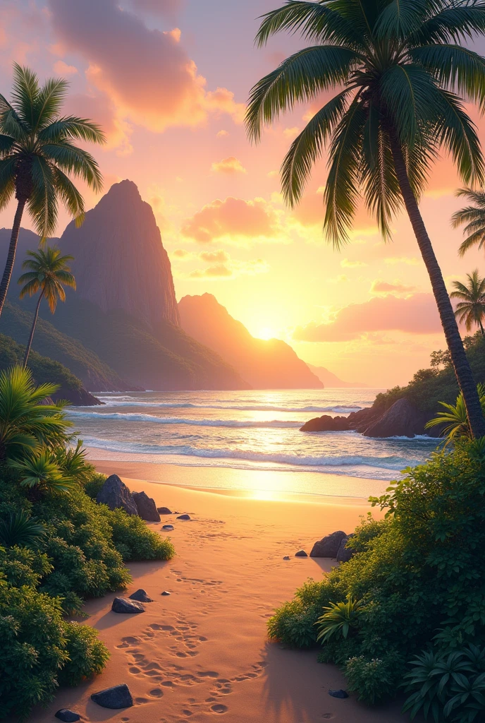 A sunset beach with some greenary and huge mountains and huge sea
