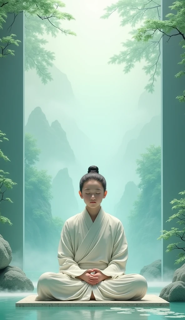 light blue-green,Chinese artistic conception style mural,A young monk is meditating,The lens is shot from the front,The expression is calm。Simple and elegant style,clear wallpaper,Exquisite details,Surrounded by light-colored landscape paintings,light mist,Green leaves,Jade material,Jade carving technology,Ultra-high resolution。