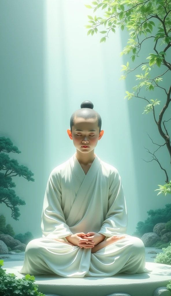 light blue-green,Chinese artistic conception style mural,A young monk is meditating,The lens is shot from the front,The expression is calm。Simple and elegant style,clear wallpaper,Exquisite details,Surrounded by light-colored landscape paintings,light mist,Green leaves,Jade material,Jade carving technology,Ultra-high resolution。