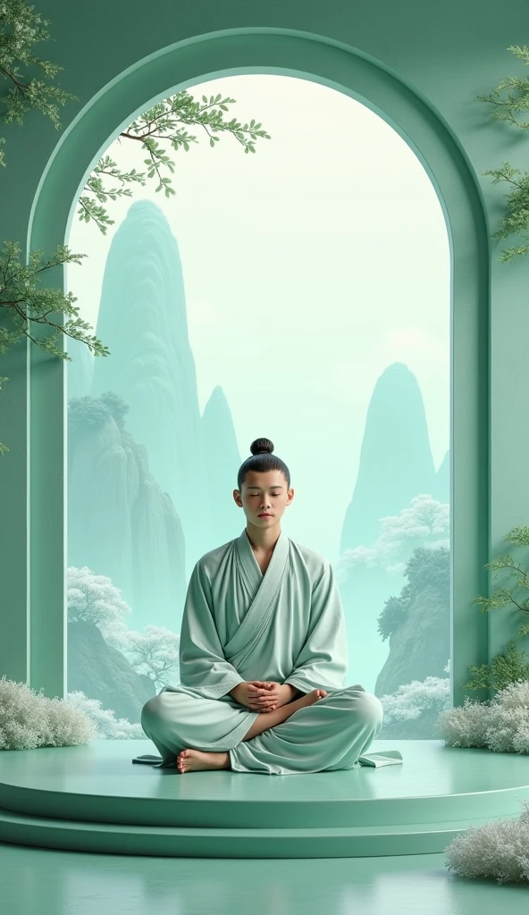 light blue-green,Chinese artistic conception style mural,A young monk is meditating,The lens is shot from the front,The expression is calm。Simple and elegant style,clear wallpaper,Exquisite details,Surrounded by light-colored landscape paintings,light mist,Green leaves,Jade material,Jade carving technology,Ultra-high resolution。