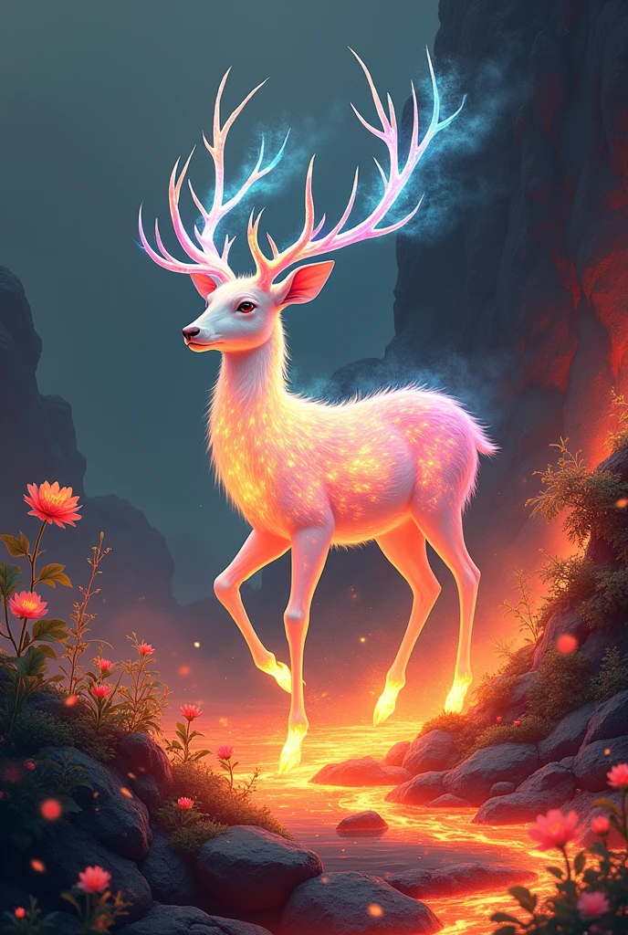 Wonderful idea, Chinese painting ((ink wash style)), a sacred seven color fairy deer ((emitting aurora colored light all over its body))，walking on the magma of volcanic eruptions, with flowers and plants growing inside the magma