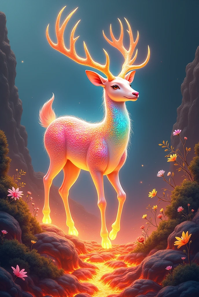 Wonderful idea, Chinese painting ((ink wash style)), a sacred seven color fairy deer ((emitting aurora colored light all over its body)),walking on the magma of volcanic eruptions, with flowers and plants growing inside the magma