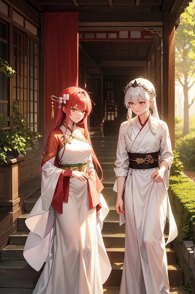 A young couple walking through a misty forest at dawn. The man wears simple, modest attire in earthy tones, while the beautiful young woman is dressed in an elegant white hanfu with delicate red accents, befitting a noble lady. They are engaged in conversation as they stroll side by side along a narrow forest path. Soft morning light filters through the trees, creating a dreamy atmosphere. The scene is set in a traditional wuxia-style world, with ancient Chinese aesthetics. Highly detailed, soft lighting, realistic proportions, and natural poses. Capture the serenity of the early morning and the subtle intimacy between the characters.